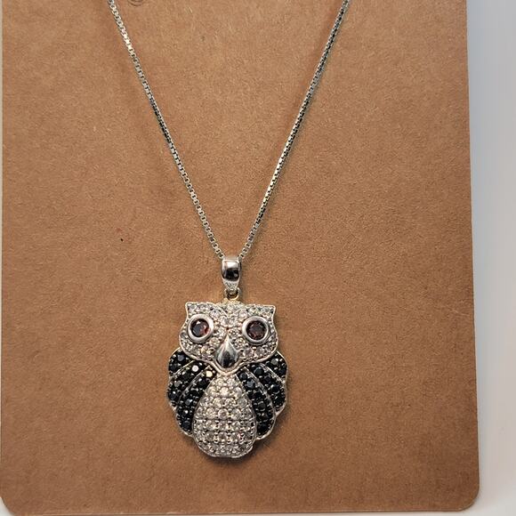 Vintage Sterling Silver Owl Pendant Necklace with Black and Clear CZ 925 Stamped - Picture 2 of 10